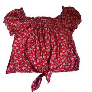 Red Floral Crop Tie Blouse